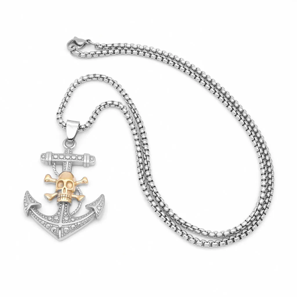 Gold Tone Crossbone Skull with Anchor Pendant