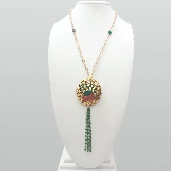 Green Agate, Torquoise, Jade Animal (Rabbit) and Coral Tassel Necklace