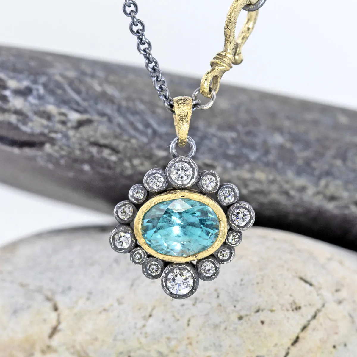 Halo Blue Zircon and Diamond Pendant