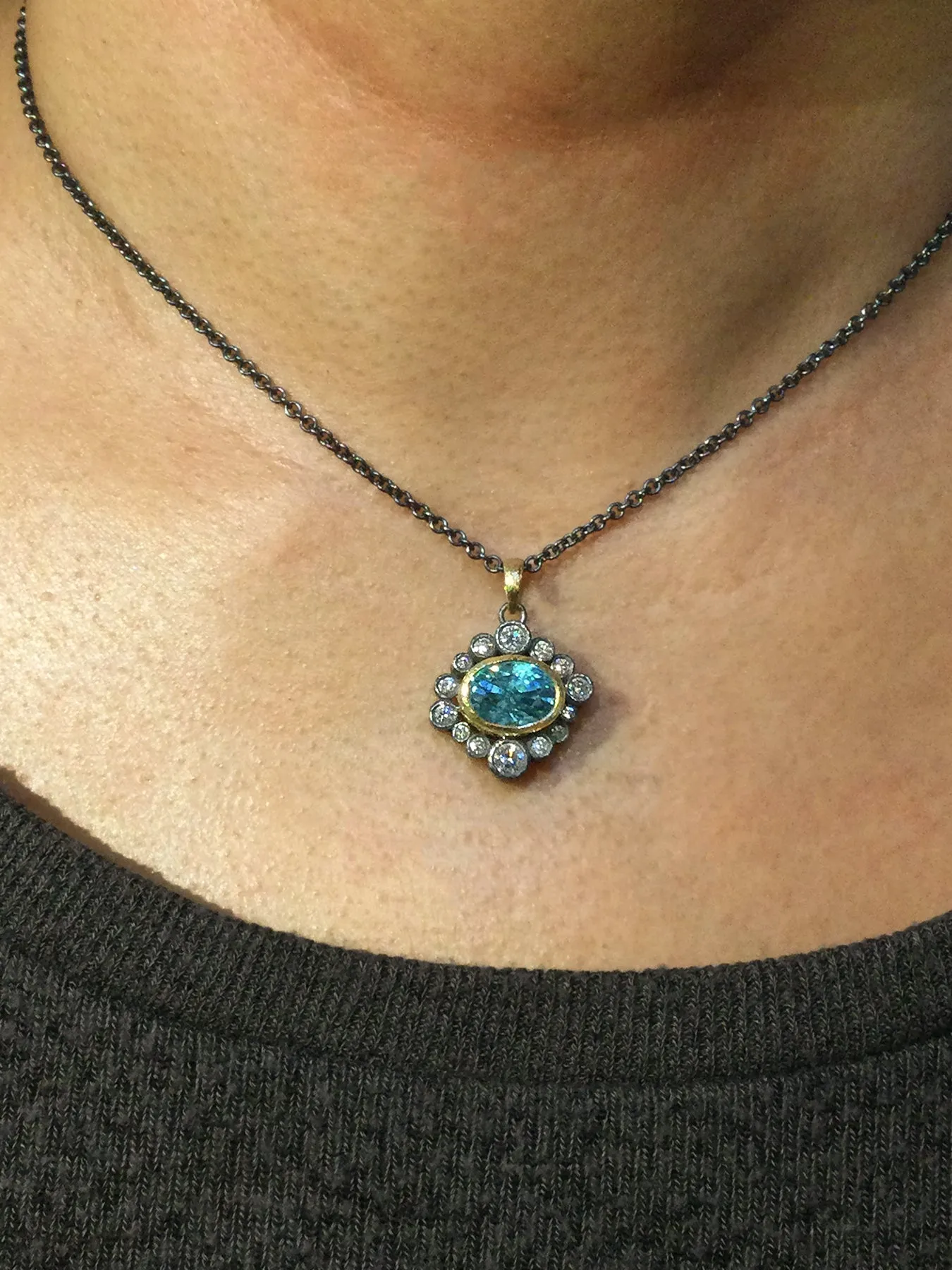 Halo Blue Zircon and Diamond Pendant