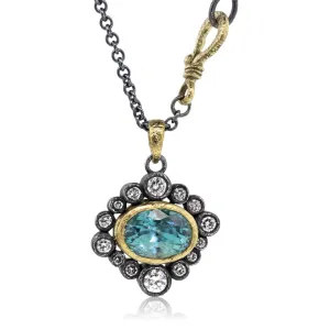 Halo Blue Zircon and Diamond Pendant