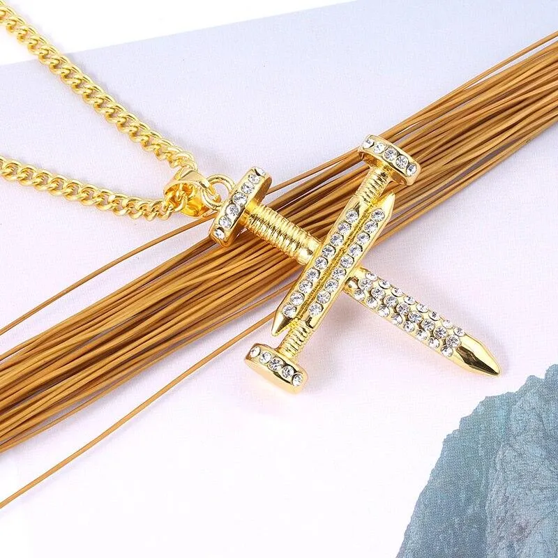 Hip Hop Nail Cross Zirconia Pendant Necklace