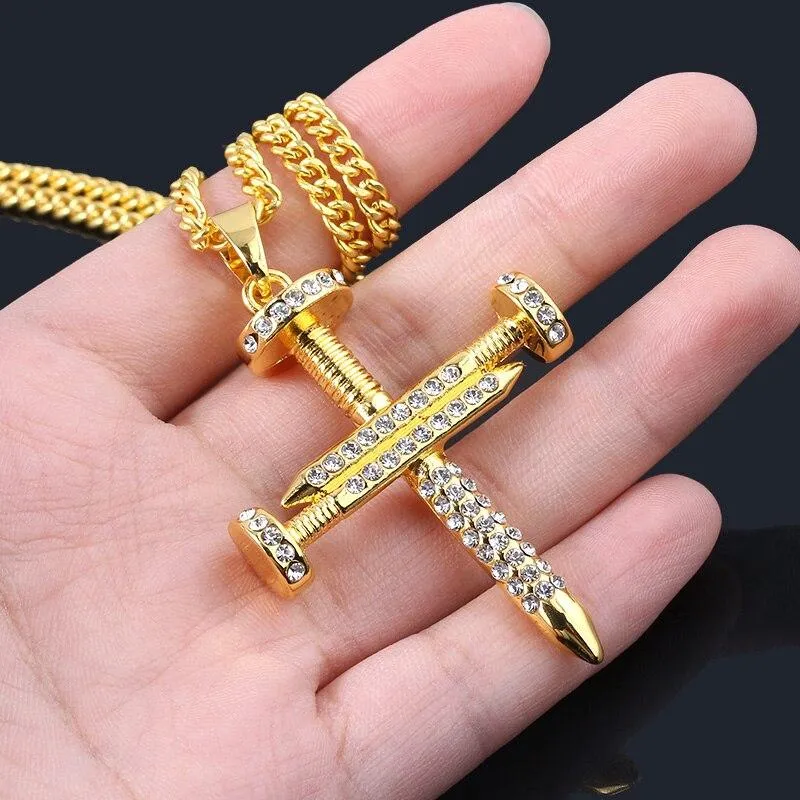 Hip Hop Nail Cross Zirconia Pendant Necklace