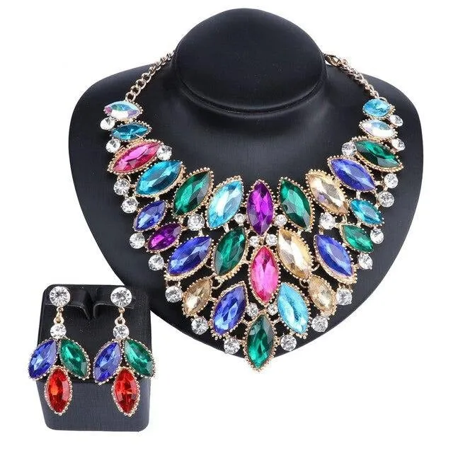 Huge African Crystal Necklace & Earrings Wedding Statement Jewelry Set