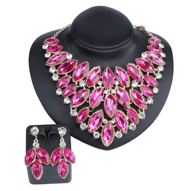 Huge African Crystal Necklace & Earrings Wedding Statement Jewelry Set