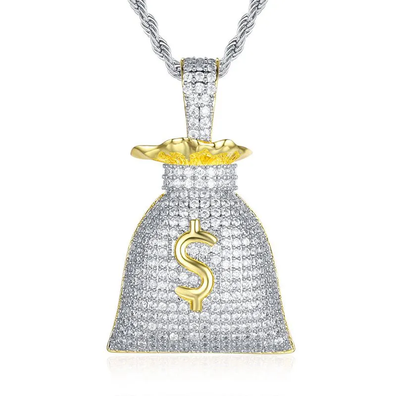 Iced Out Money Bag Pendant - Silver