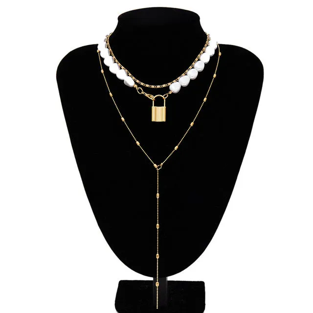 IngeSight.Z Punk Multi Layered Pearl Choker Necklace