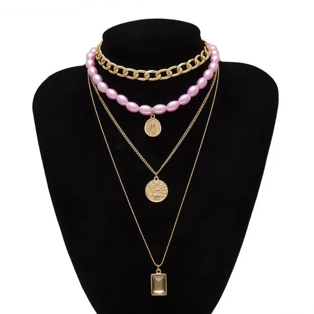 IngeSight.Z Punk Multi Layered Pearl Choker Necklace