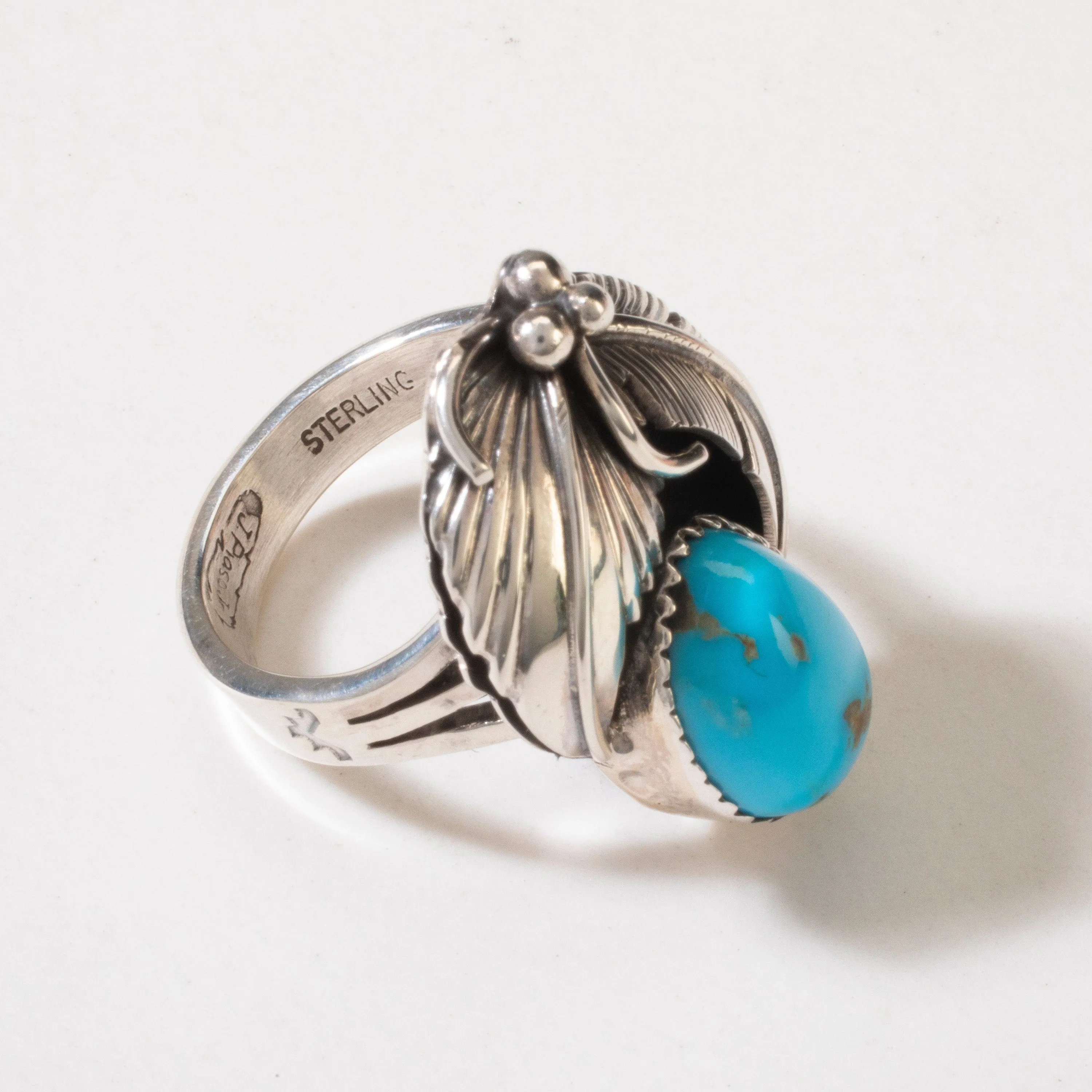 Joe Piaso Jr. Sleeping Beauty Turquoise Feather Navajo USA Native American Made 925 Sterling Silver Ring