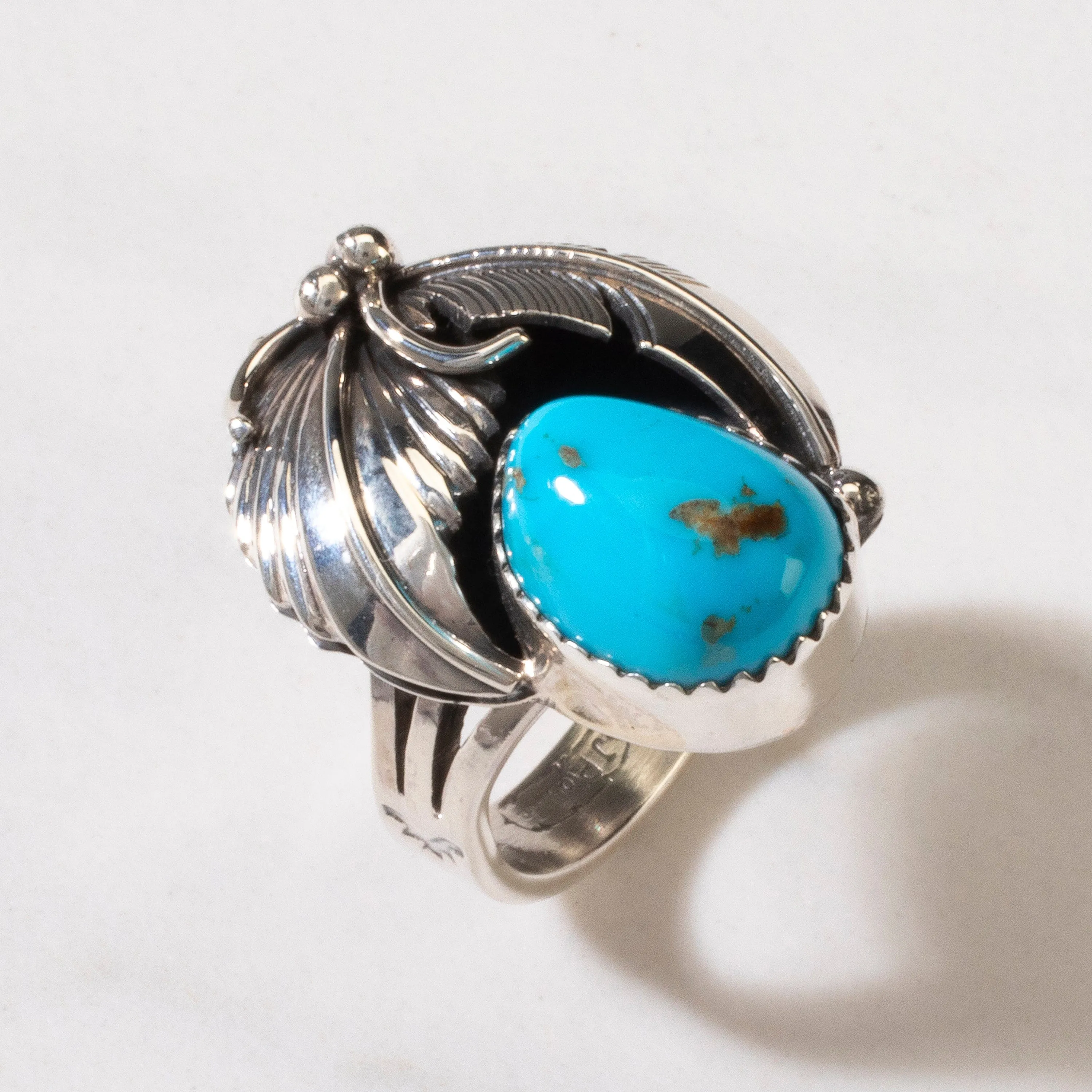 Joe Piaso Jr. Sleeping Beauty Turquoise Feather Navajo USA Native American Made 925 Sterling Silver Ring