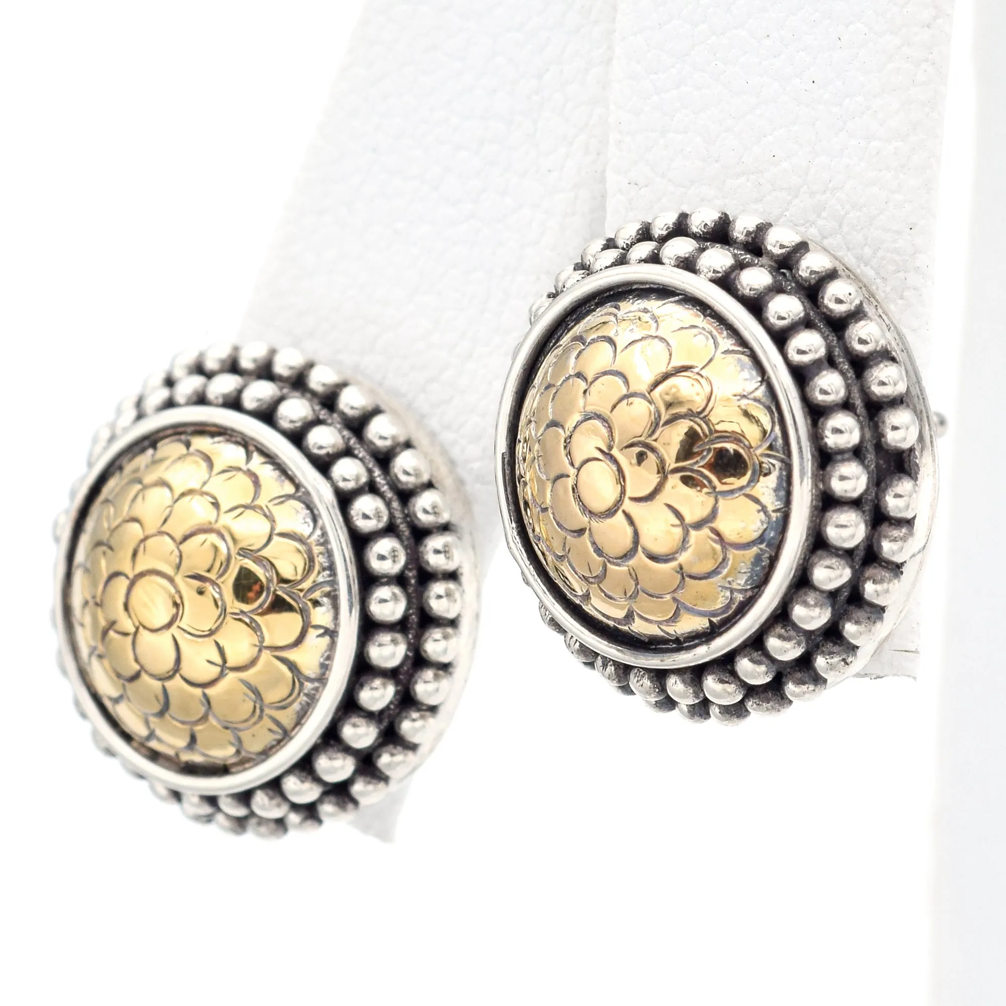 John Hardy Sterling Silver & 18K Yellow Gold Stud Earrings   Box