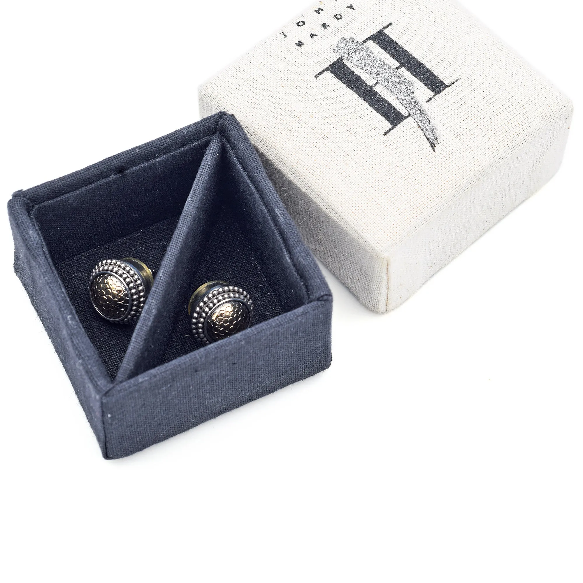 John Hardy Sterling Silver & 18K Yellow Gold Stud Earrings   Box