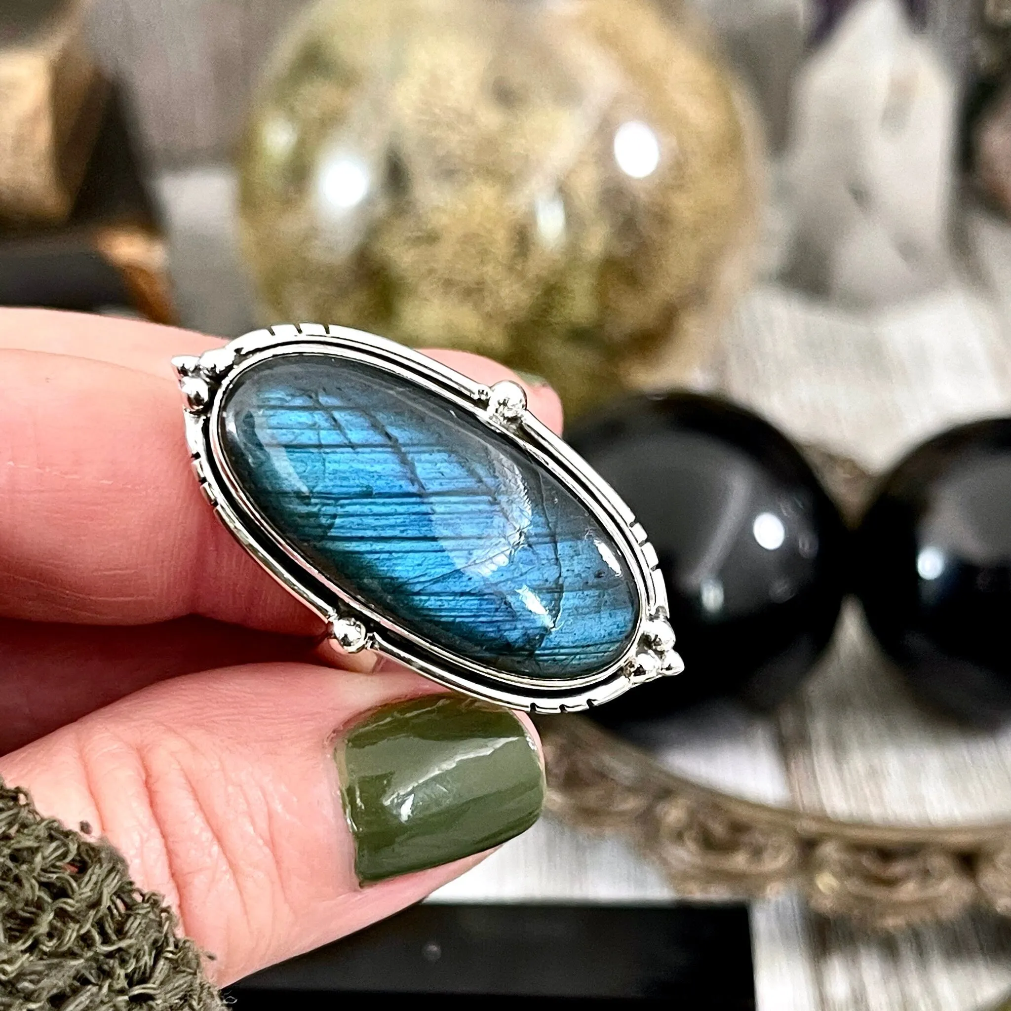 Labradorite Oval Crystal Statement Ring in Sterling Silver - Designed by FOXLARK Collection Adjustable to Size 6 7 8 9 | Blue Stone