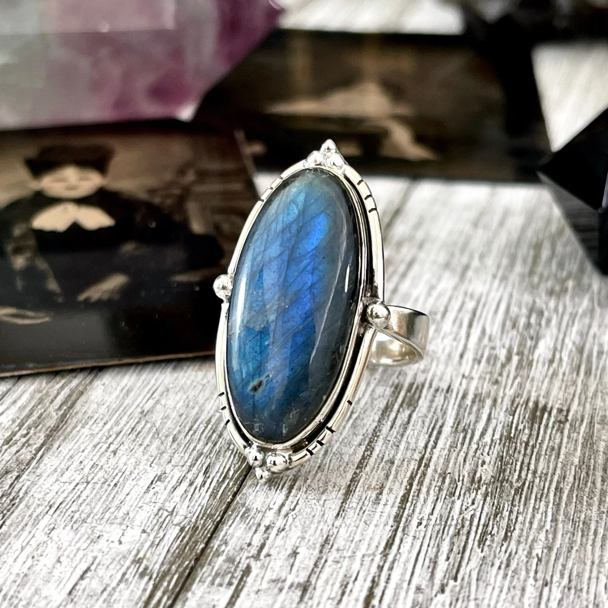 Labradorite Oval Crystal Statement Ring in Sterling Silver - Designed by FOXLARK Collection Adjustable to Size 6 7 8 9 | Blue Stone