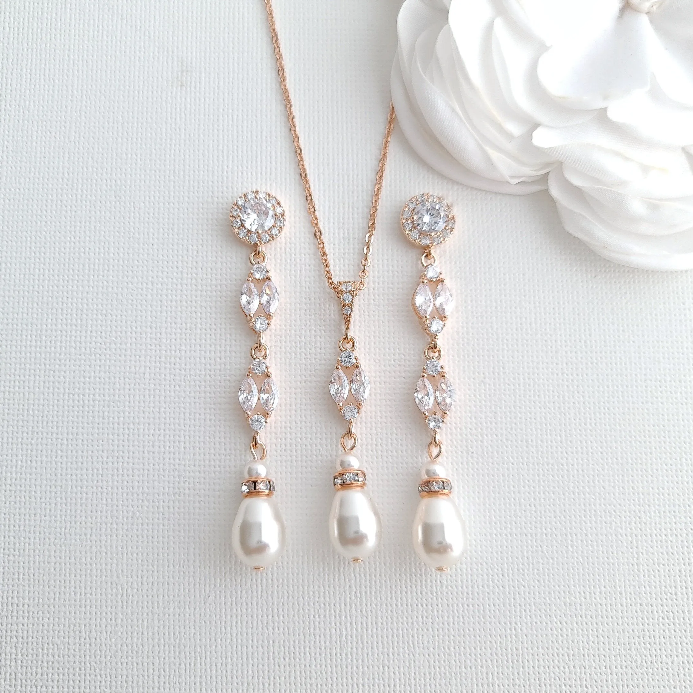 Long Clip on Earrings and Necklace Set for Weddings-Hayley