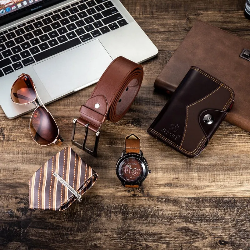 Men Quartz Watch, Sunglasses, Folding Wallet, Belt, and Tie Clip Gift Set