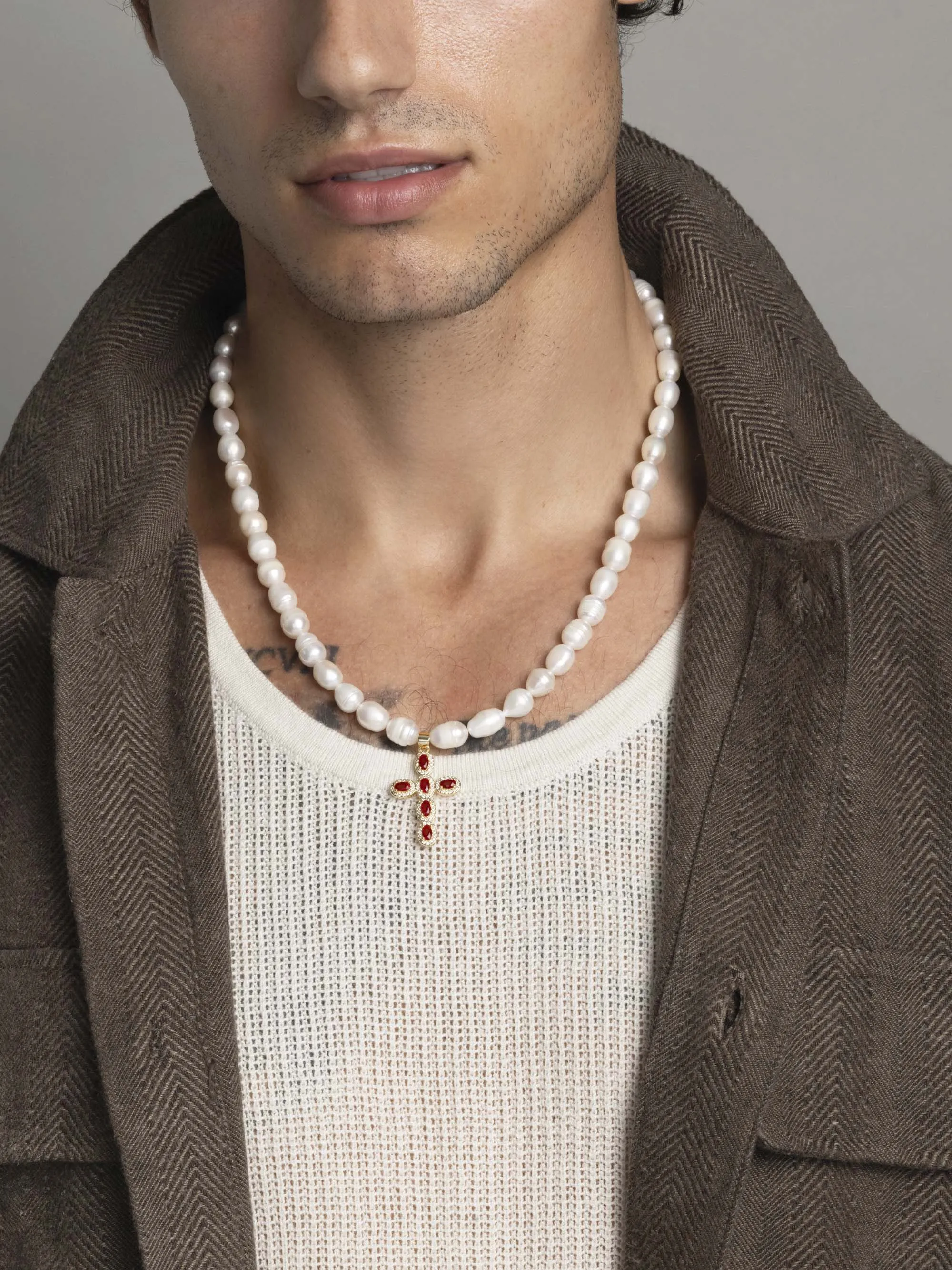 Men's Baroque Pearl Choker with Red Cross