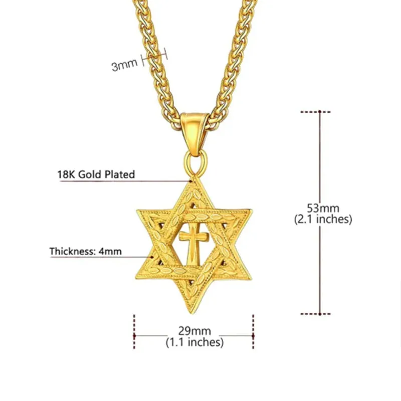 Metallic Messianic Star of David around Holy Cross Pendant Necklace