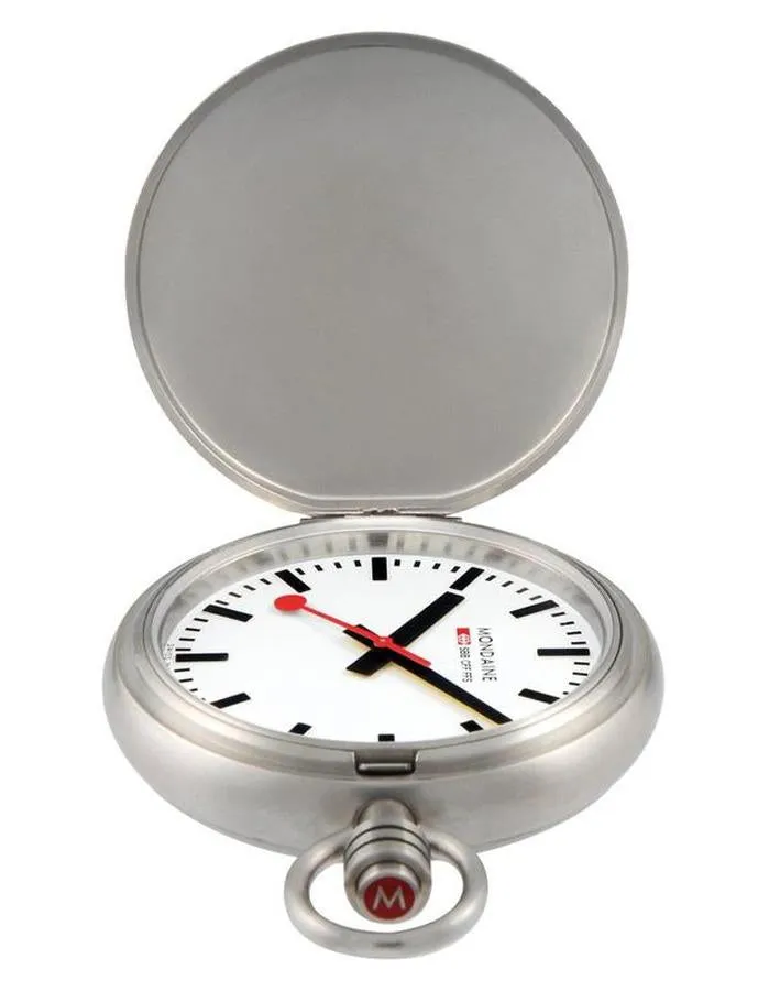 Mondaine Savonnette 51mm Brushed Stainless Steel Pocket Watch with White Dial