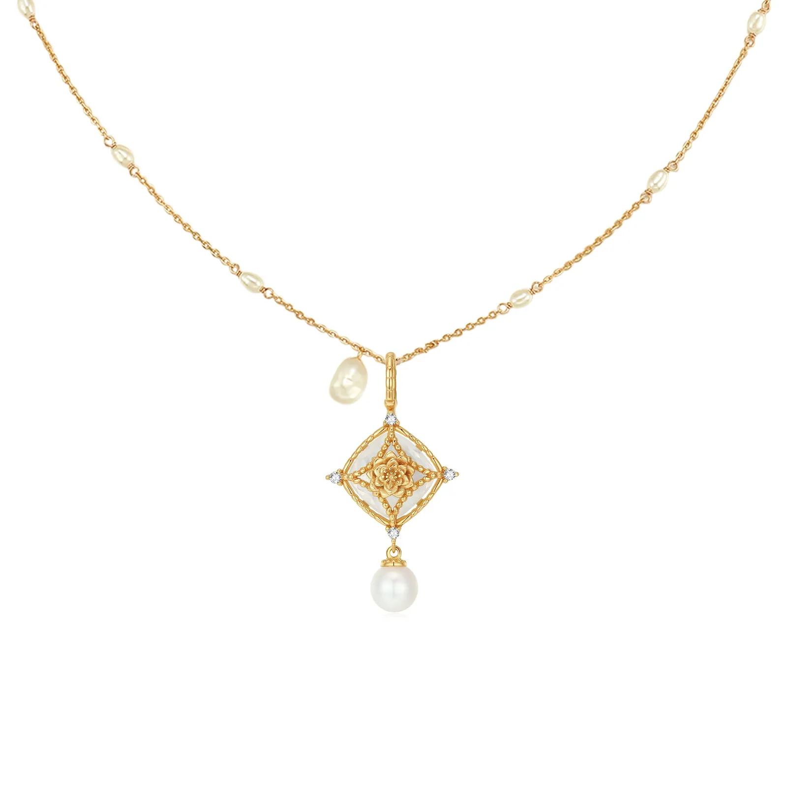 Moonstone & Freshwater Pearl Gold Necklace - Water Lily