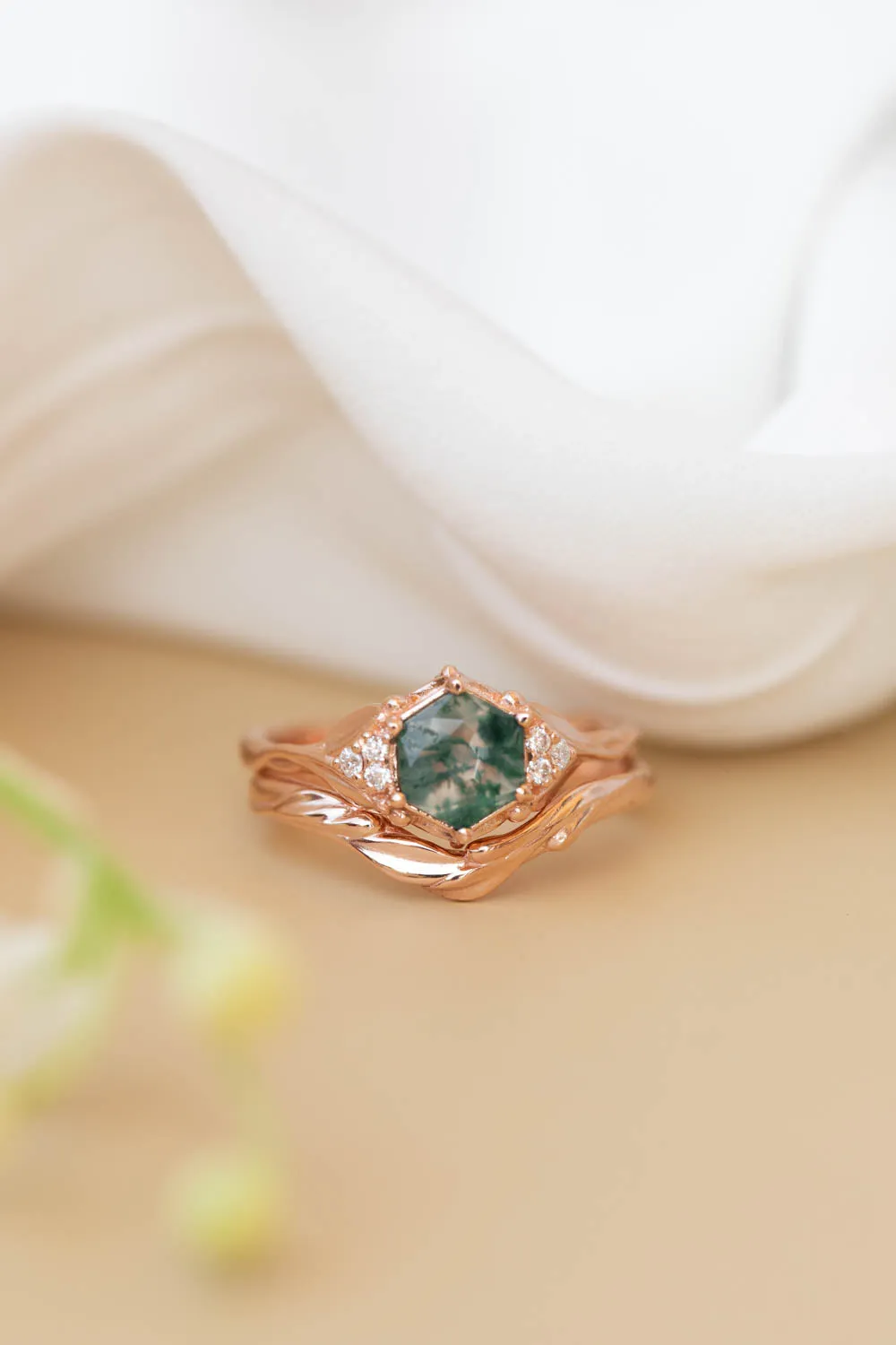 Moss agate engagement ring, gold leaves proposal ring with diamonds / Roma