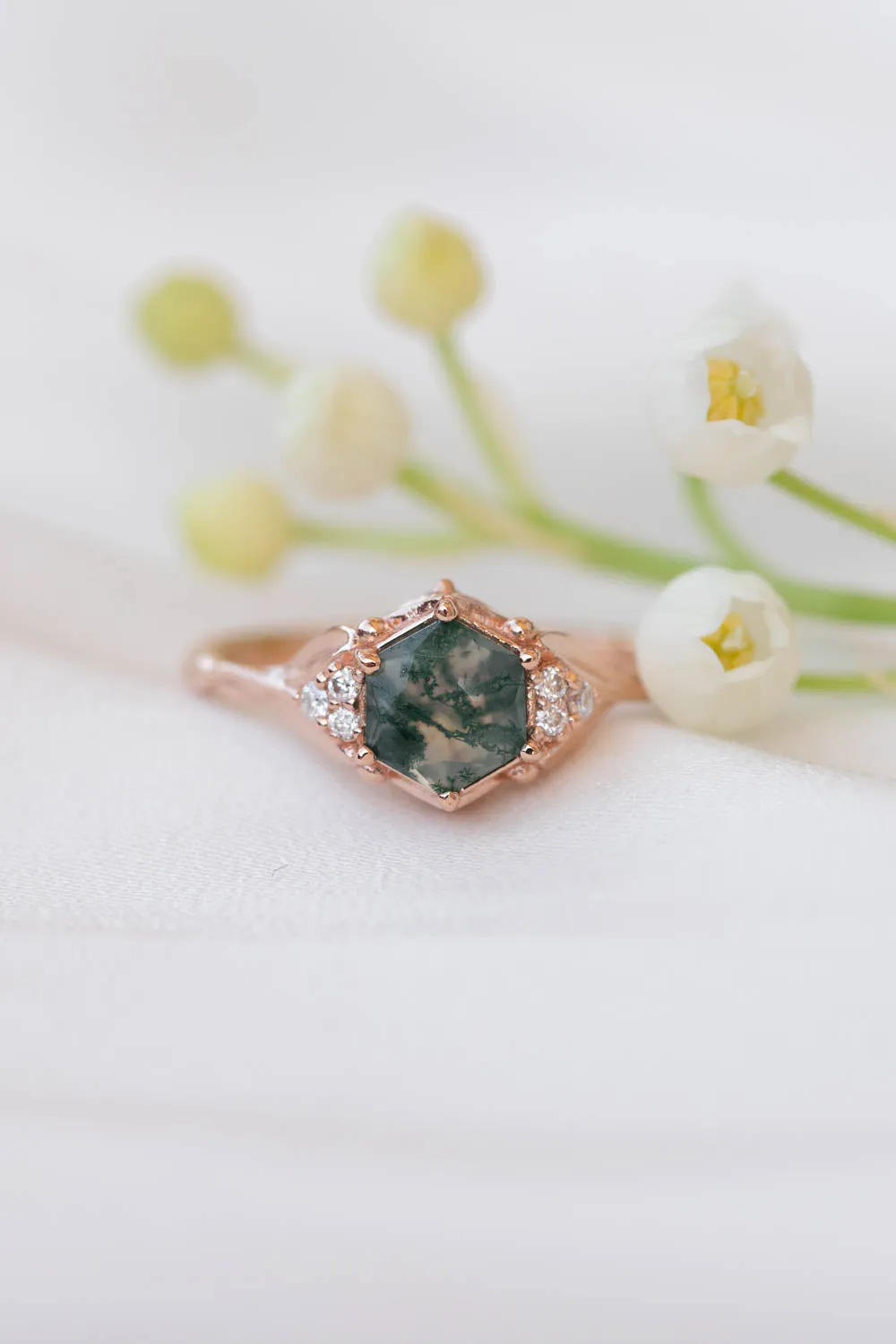 Moss agate engagement ring, gold leaves proposal ring with diamonds / Roma