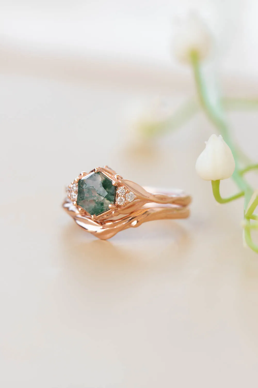 Moss agate engagement ring, gold leaves proposal ring with diamonds / Roma