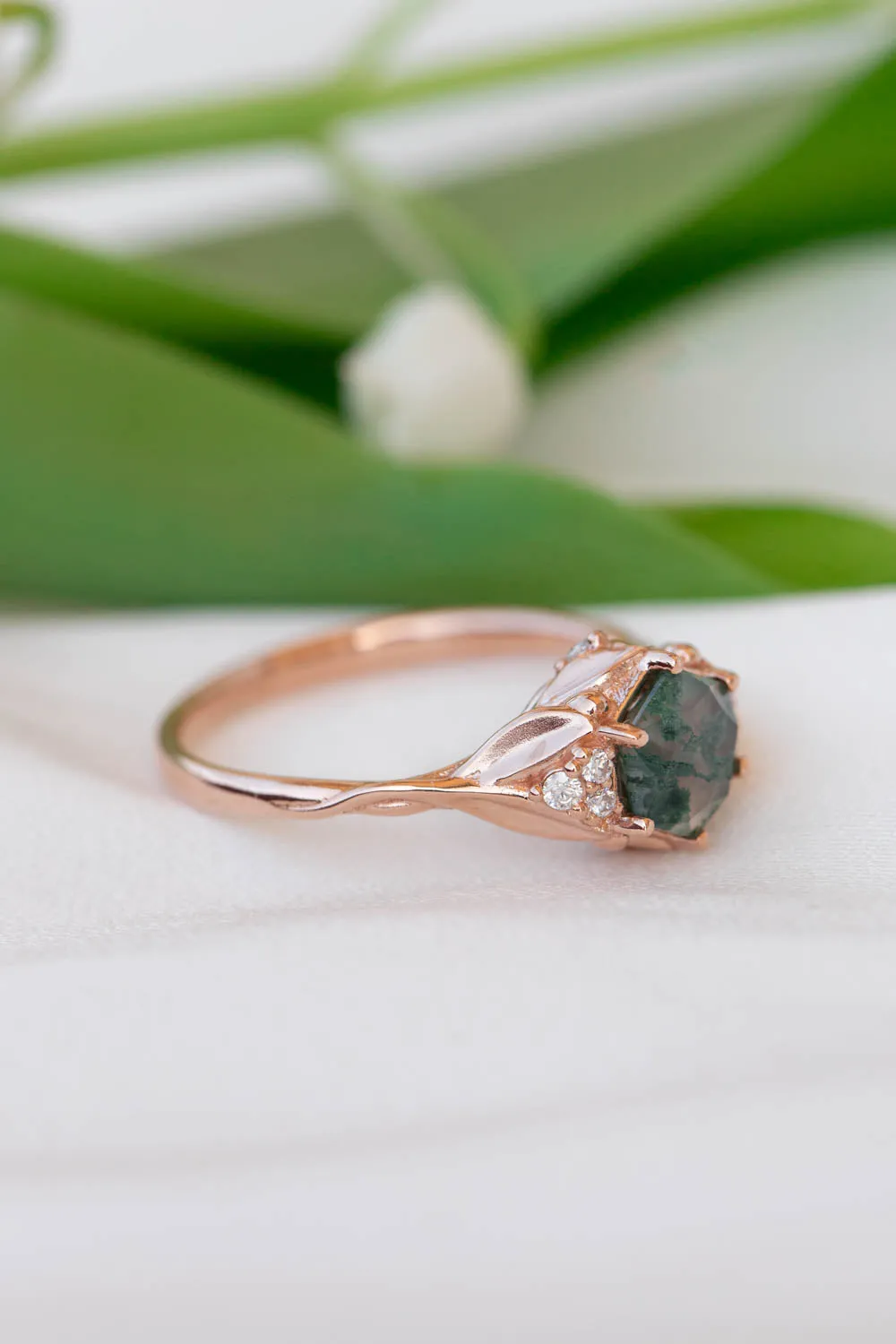 Moss agate engagement ring, gold leaves proposal ring with diamonds / Roma