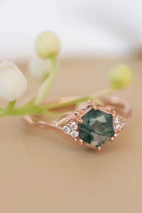 Moss agate engagement ring, gold leaves proposal ring with diamonds / Roma