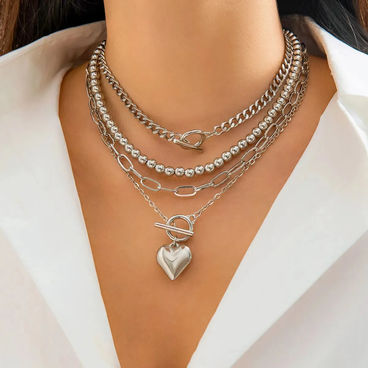 Multilayer Necklace Collar Heart Choker Ball Chain Set