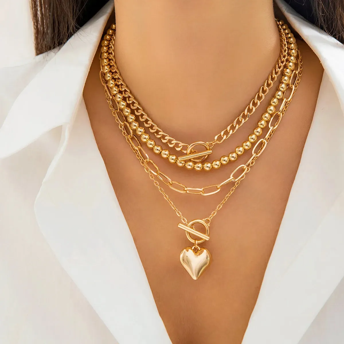 Multilayer Necklace Collar Heart Choker Ball Chain Set