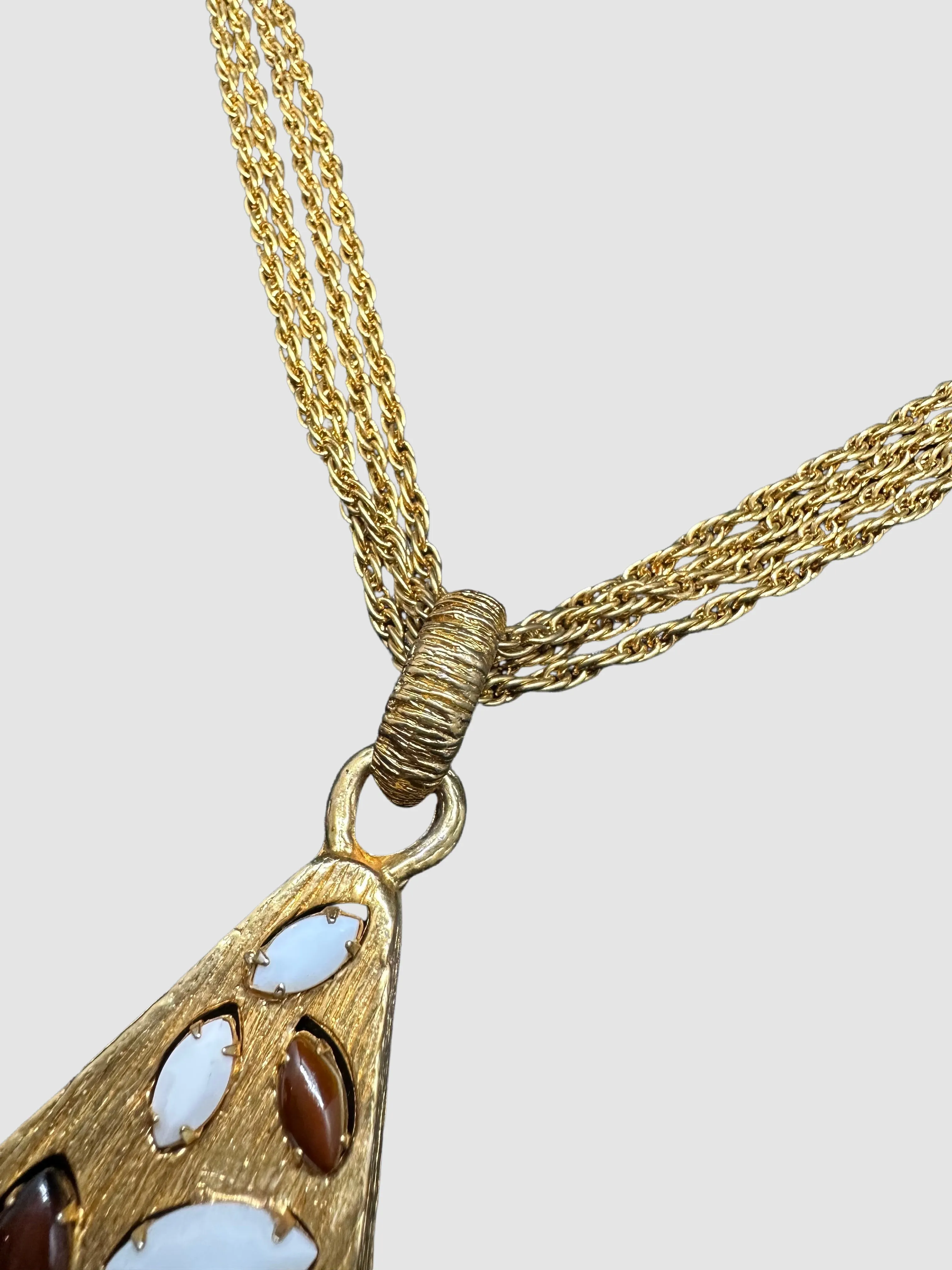 MYSTICAL PYRAMID Vintage 60s 70s Four Chain Gold Tone Necklace w/ Gem Set Pendant