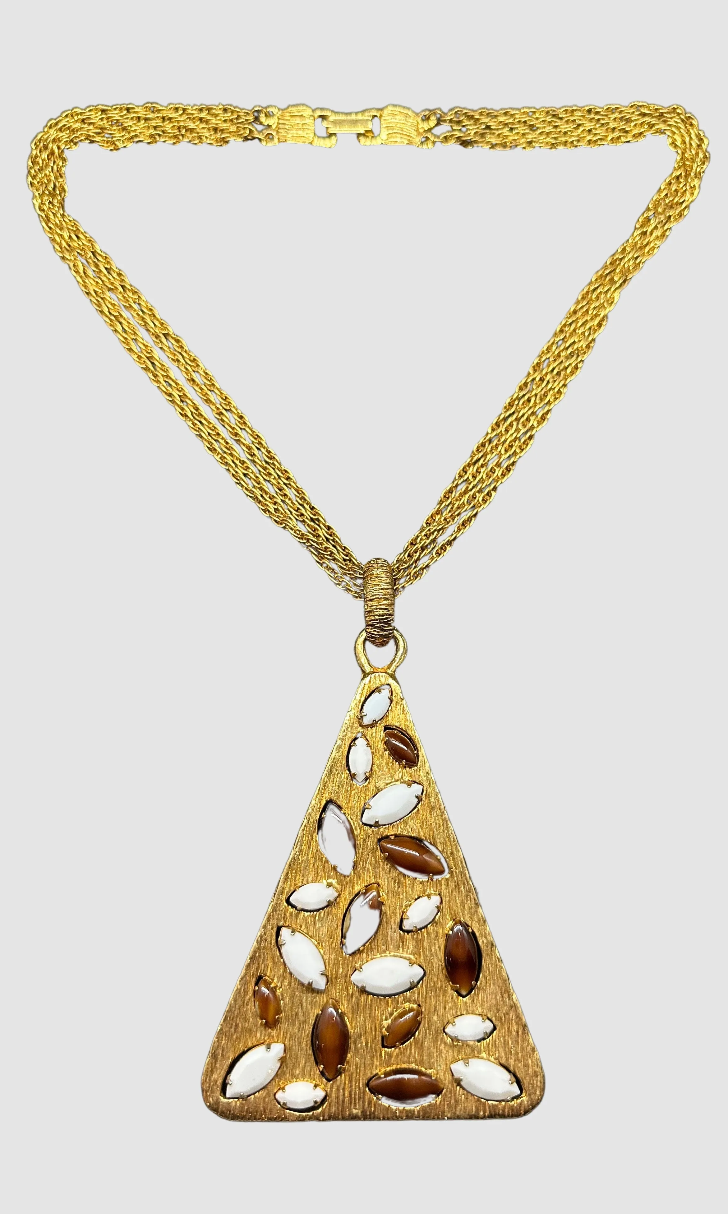 MYSTICAL PYRAMID Vintage 60s 70s Four Chain Gold Tone Necklace w/ Gem Set Pendant