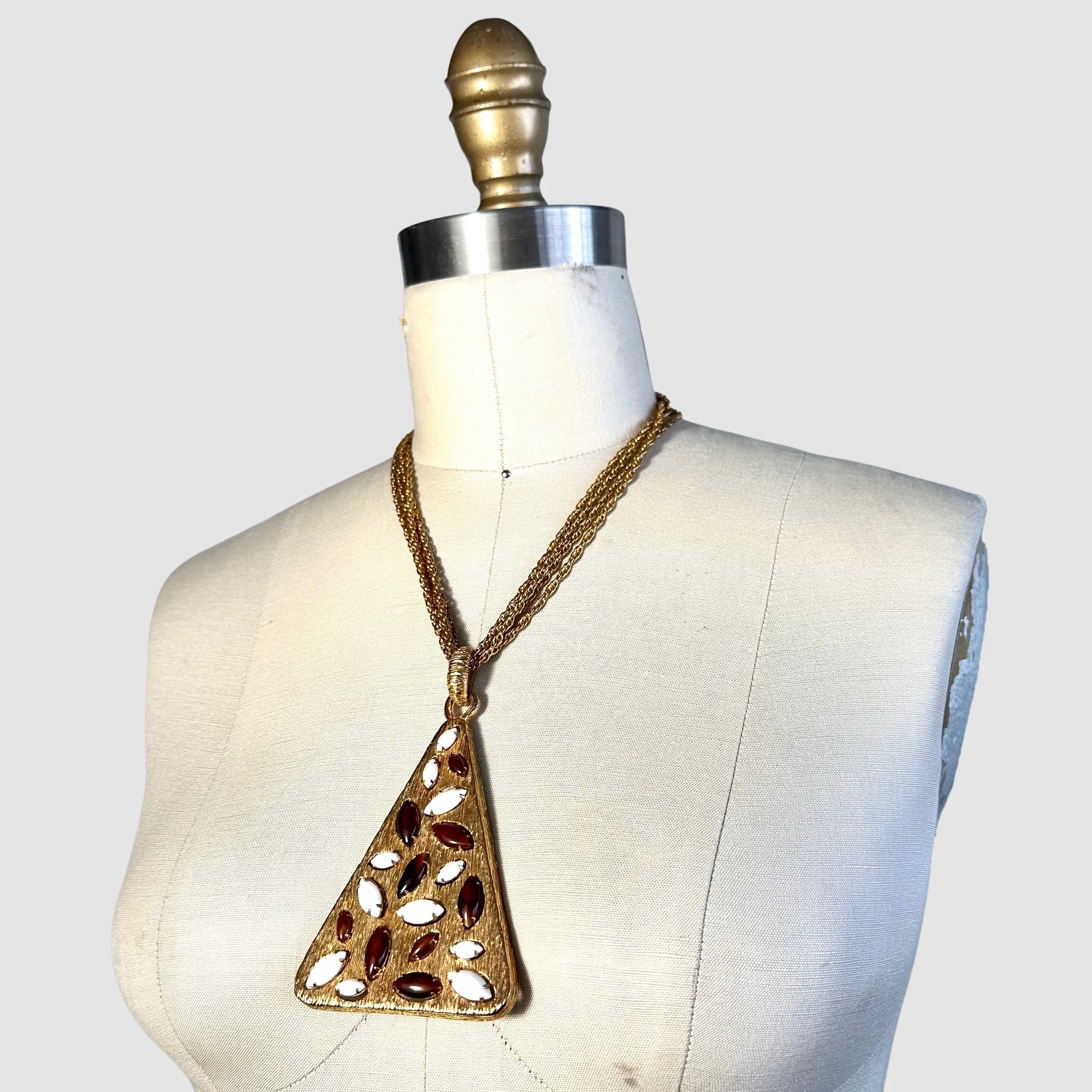 MYSTICAL PYRAMID Vintage 60s 70s Four Chain Gold Tone Necklace w/ Gem Set Pendant