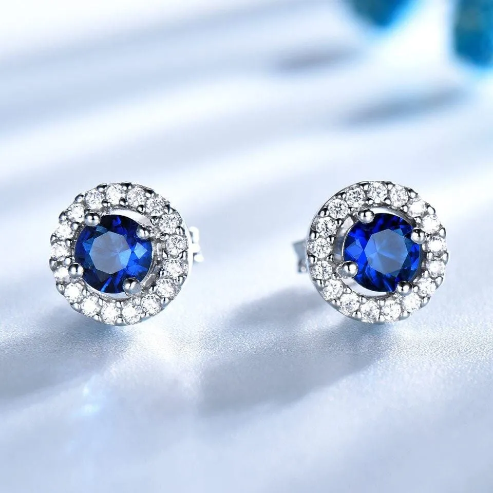 Nano Blue Sapphire Pendant Stud Earrings Jewelry Set - 925 Sterling Silver