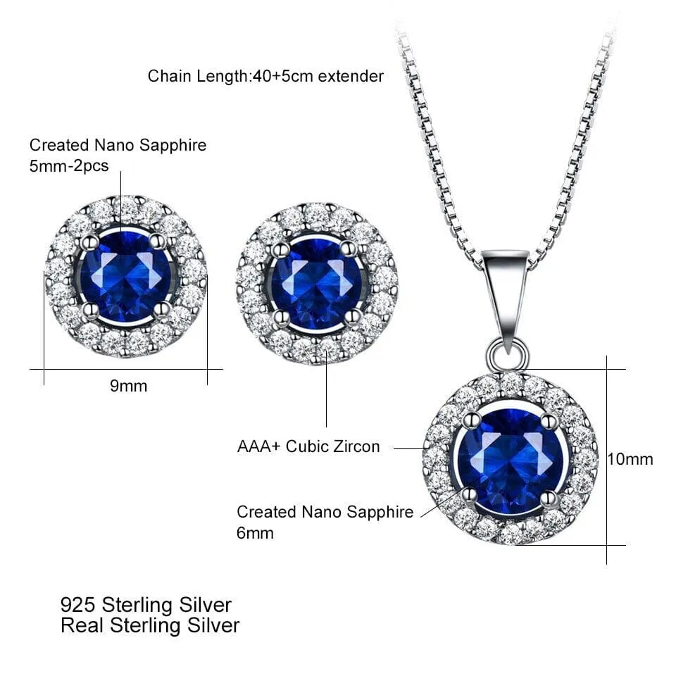 Nano Blue Sapphire Pendant Stud Earrings Jewelry Set - 925 Sterling Silver