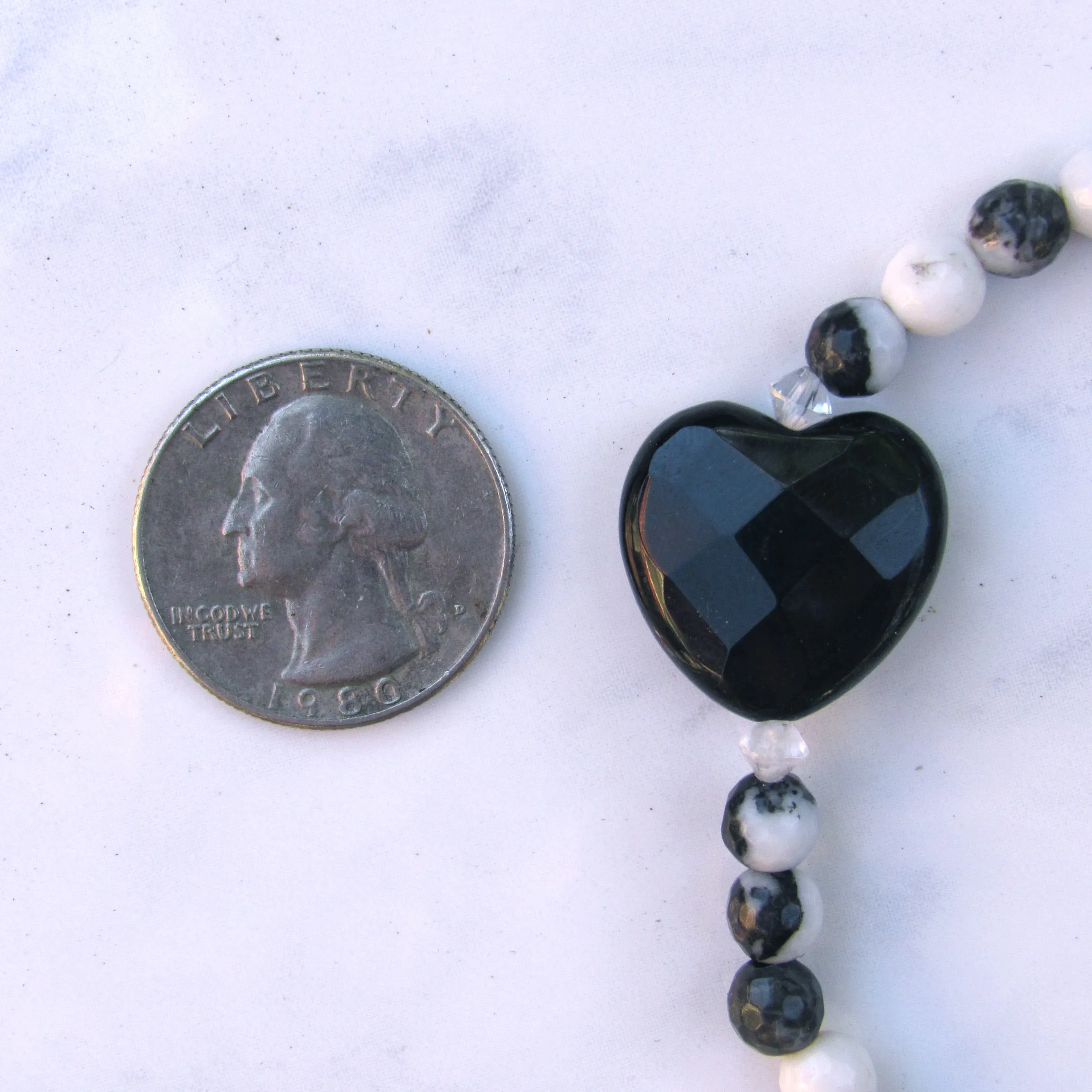 Onyx Gemstone Heart, Zebra Jasper, and Clear Quartz Stretch Bracelet