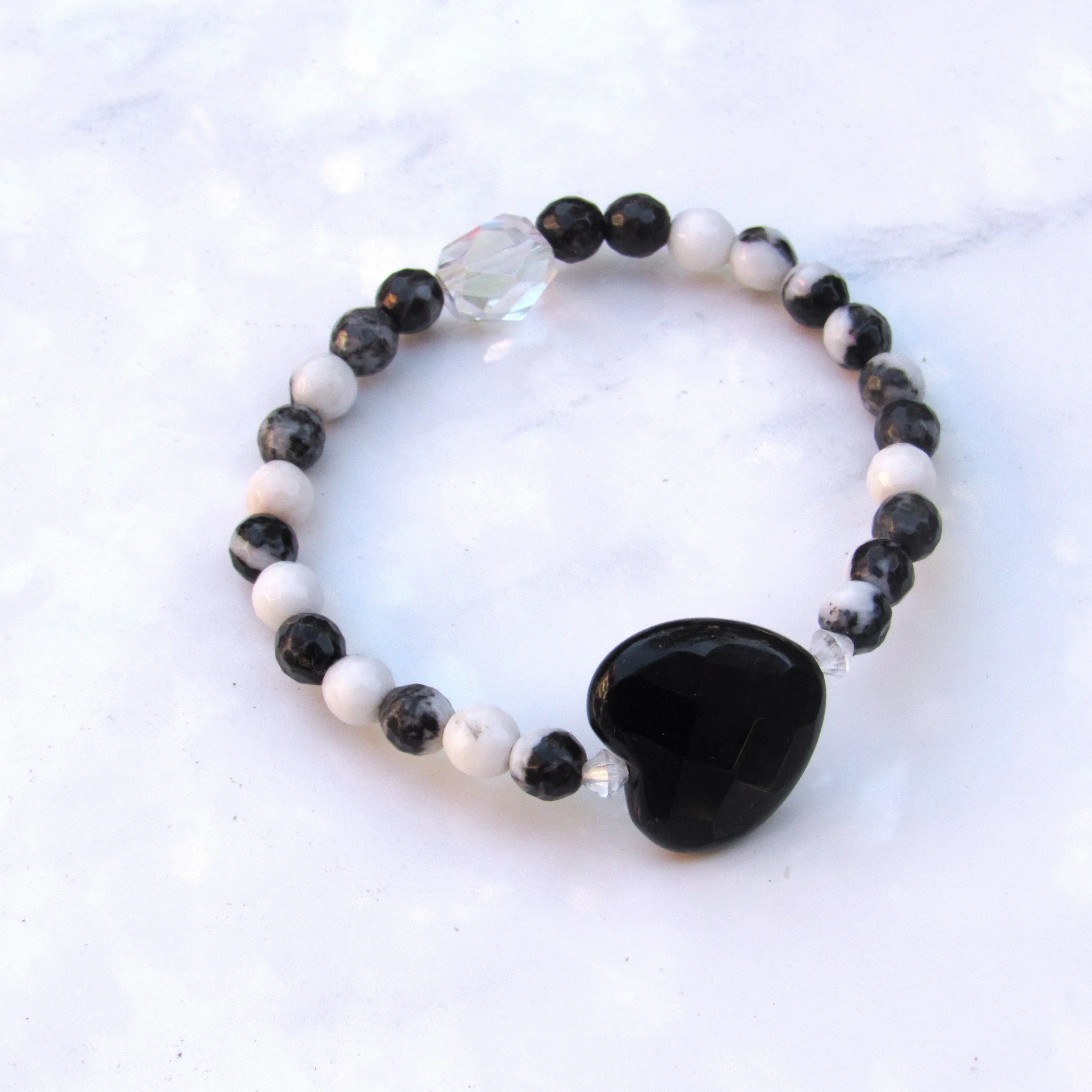 Onyx Gemstone Heart, Zebra Jasper, and Clear Quartz Stretch Bracelet