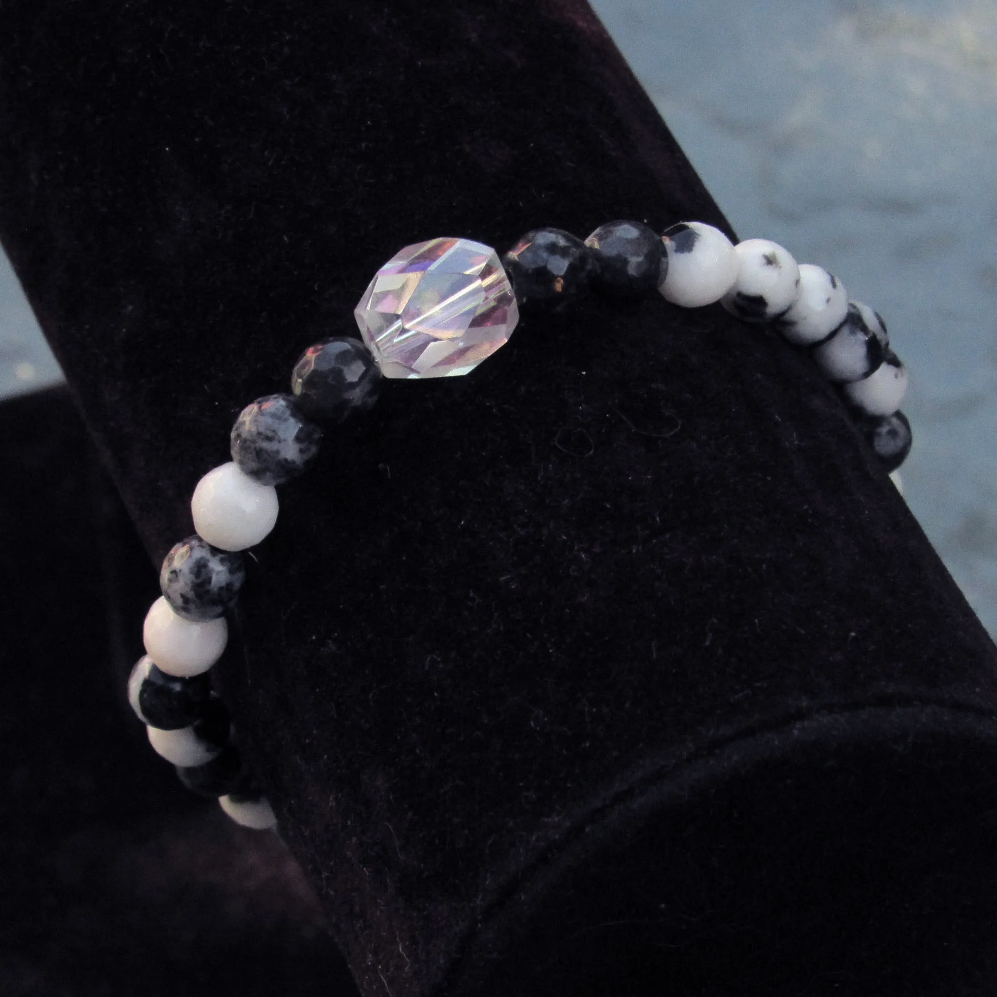 Onyx Gemstone Heart, Zebra Jasper, and Clear Quartz Stretch Bracelet