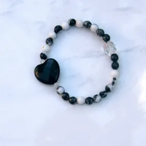 Onyx Gemstone Heart, Zebra Jasper, and Clear Quartz Stretch Bracelet