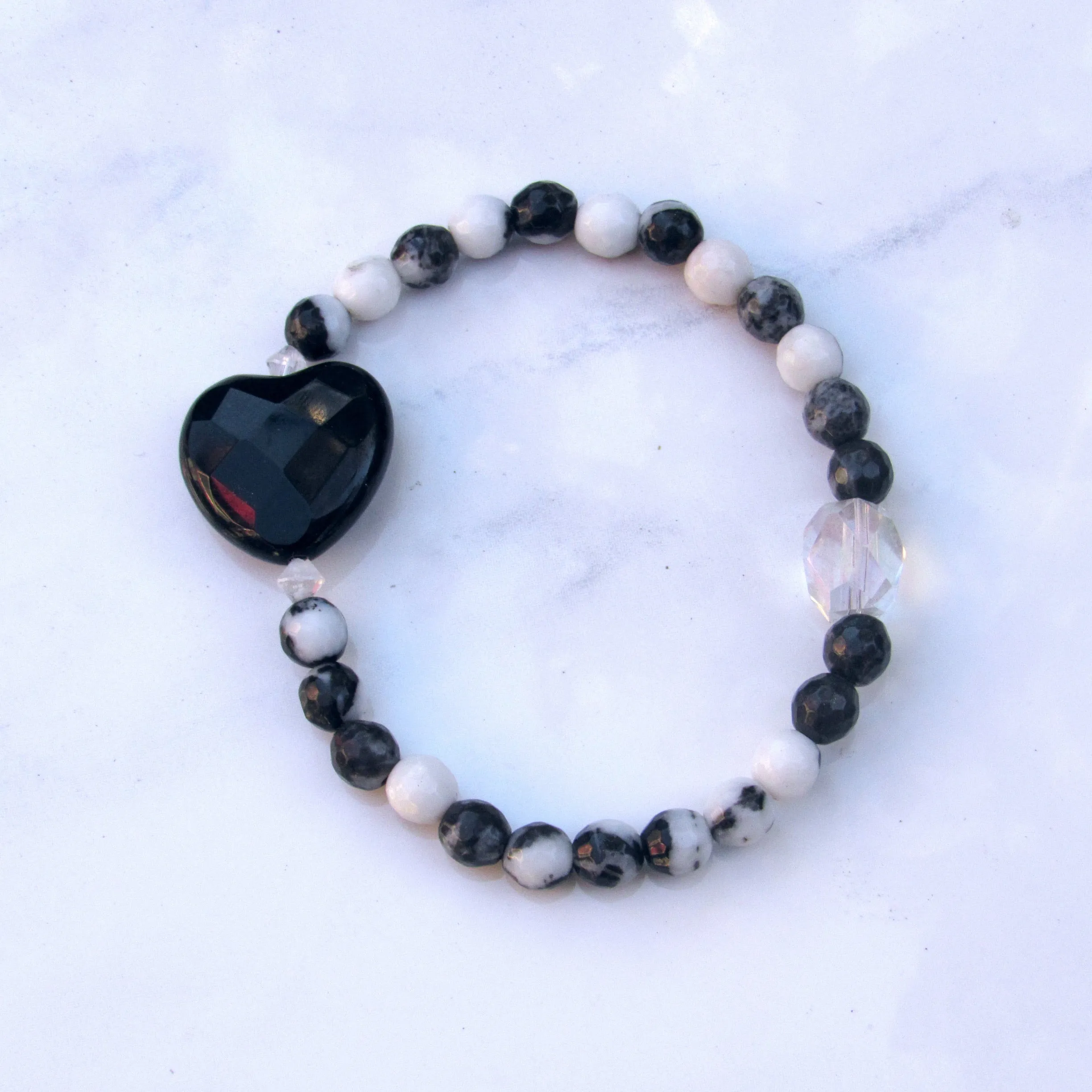 Onyx Gemstone Heart, Zebra Jasper, and Clear Quartz Stretch Bracelet