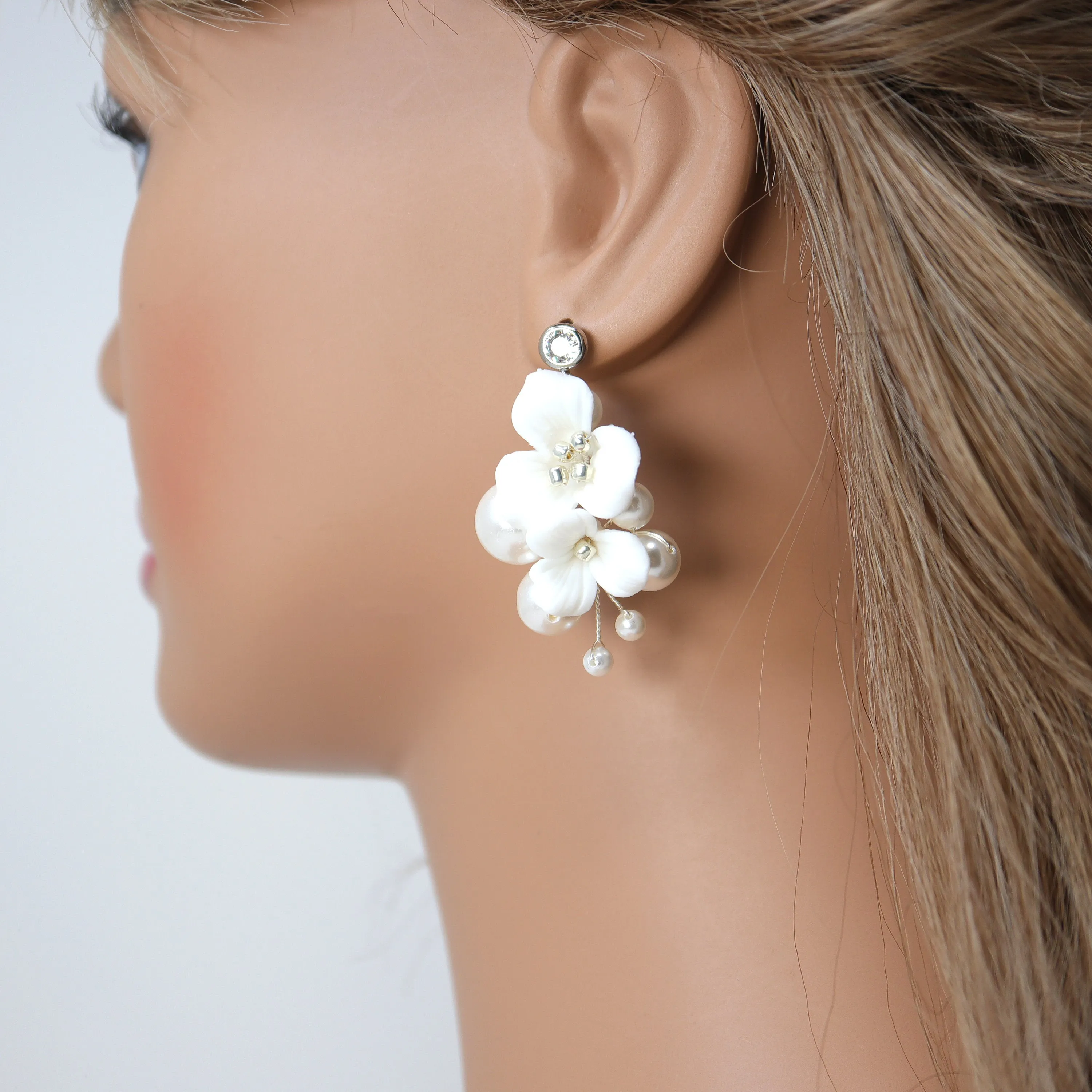 Pearl Dusted White Orchid Blossom Earring , Bridal Ceramic Rose Earring, Bridal Hair Accessories, Wedding Earring.