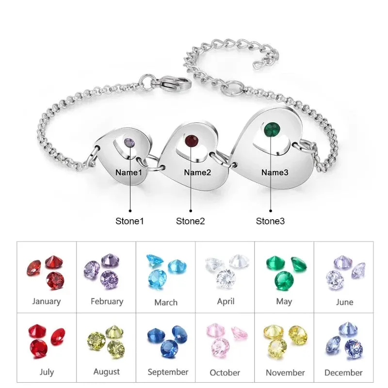 Personalized Engraving 3 Names 3 Stones Women Bracelet