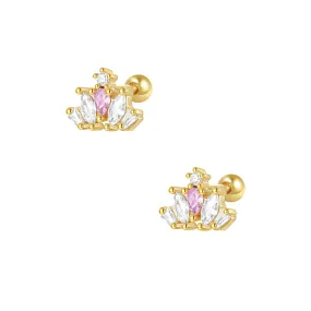 Pink Crown And White CZ Diamond Ball Back Earrings In 925 Silver