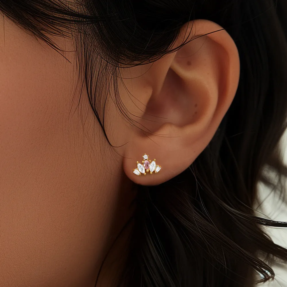 Pink Crown And White CZ Diamond Ball Back Earrings In 925 Silver