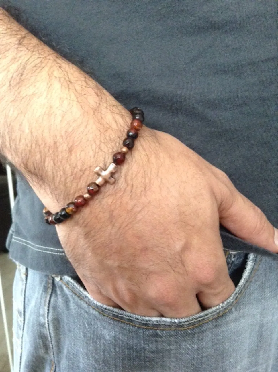 Pulseras de hombre, Men bead bracelet, stone bracelet brown cross bracelet men, Boyfriend gift, husband gift for him, men's beaded bracelet