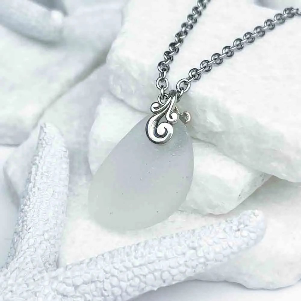 Pure Crystal Clear Sea Glass Pendant with Sterling Silver Ocean Waves Bail | #1954