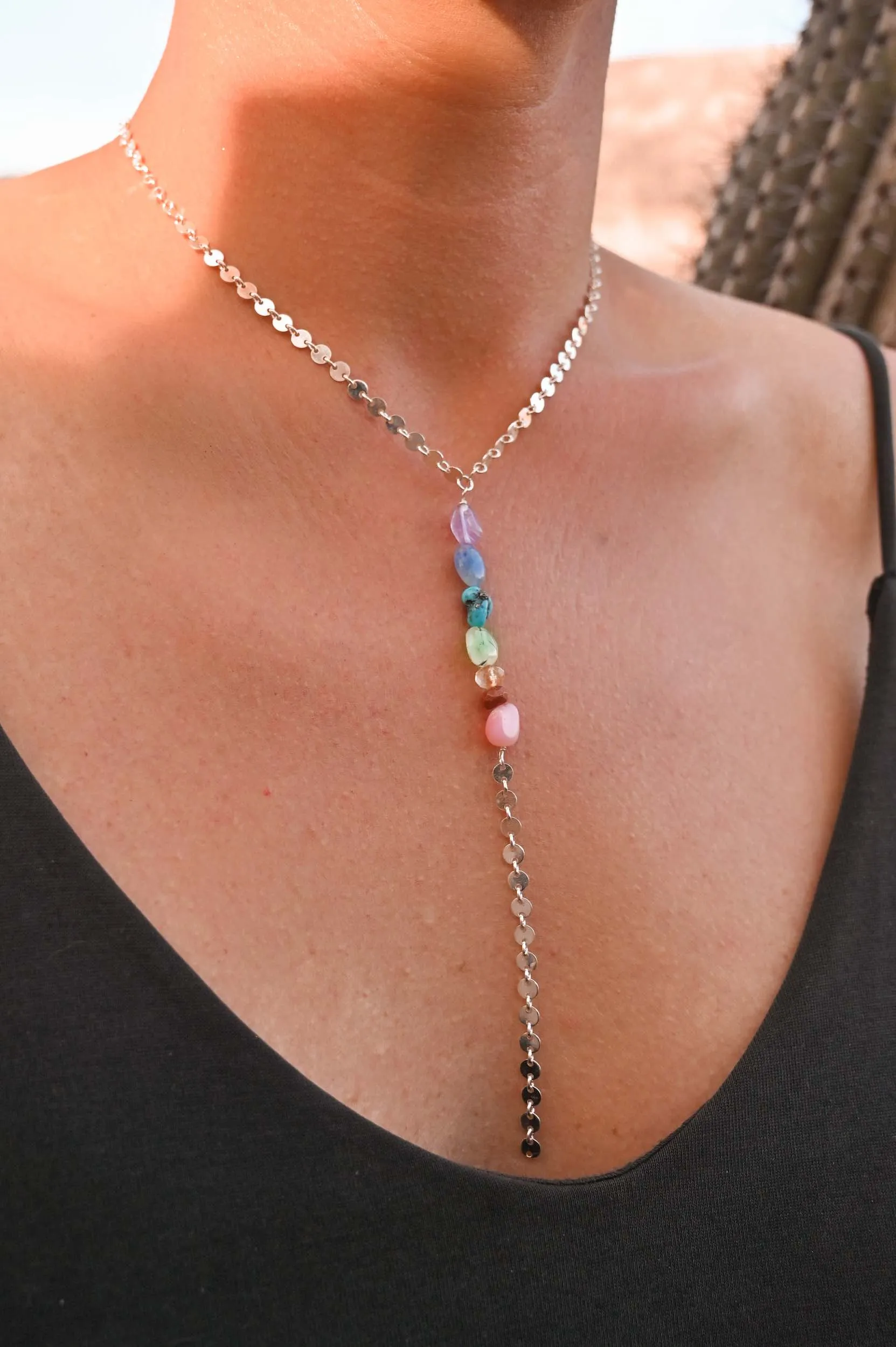 Rainbow Energy 7 Chakra Silver Lariat Necklace