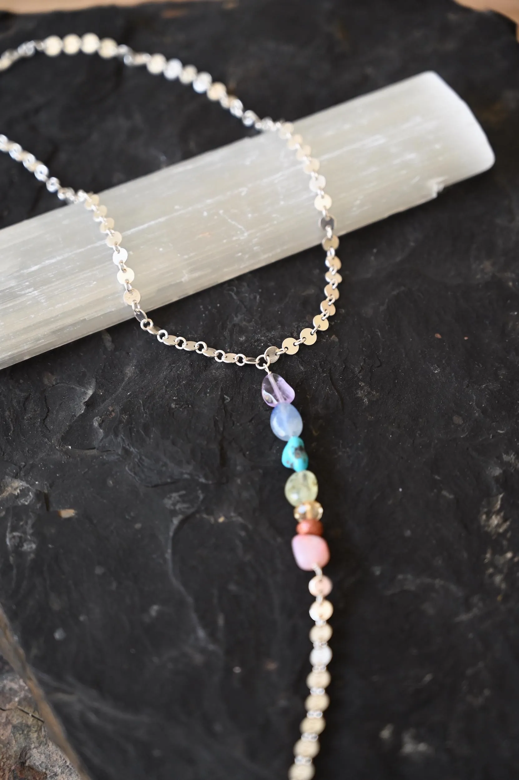 Rainbow Energy 7 Chakra Silver Lariat Necklace