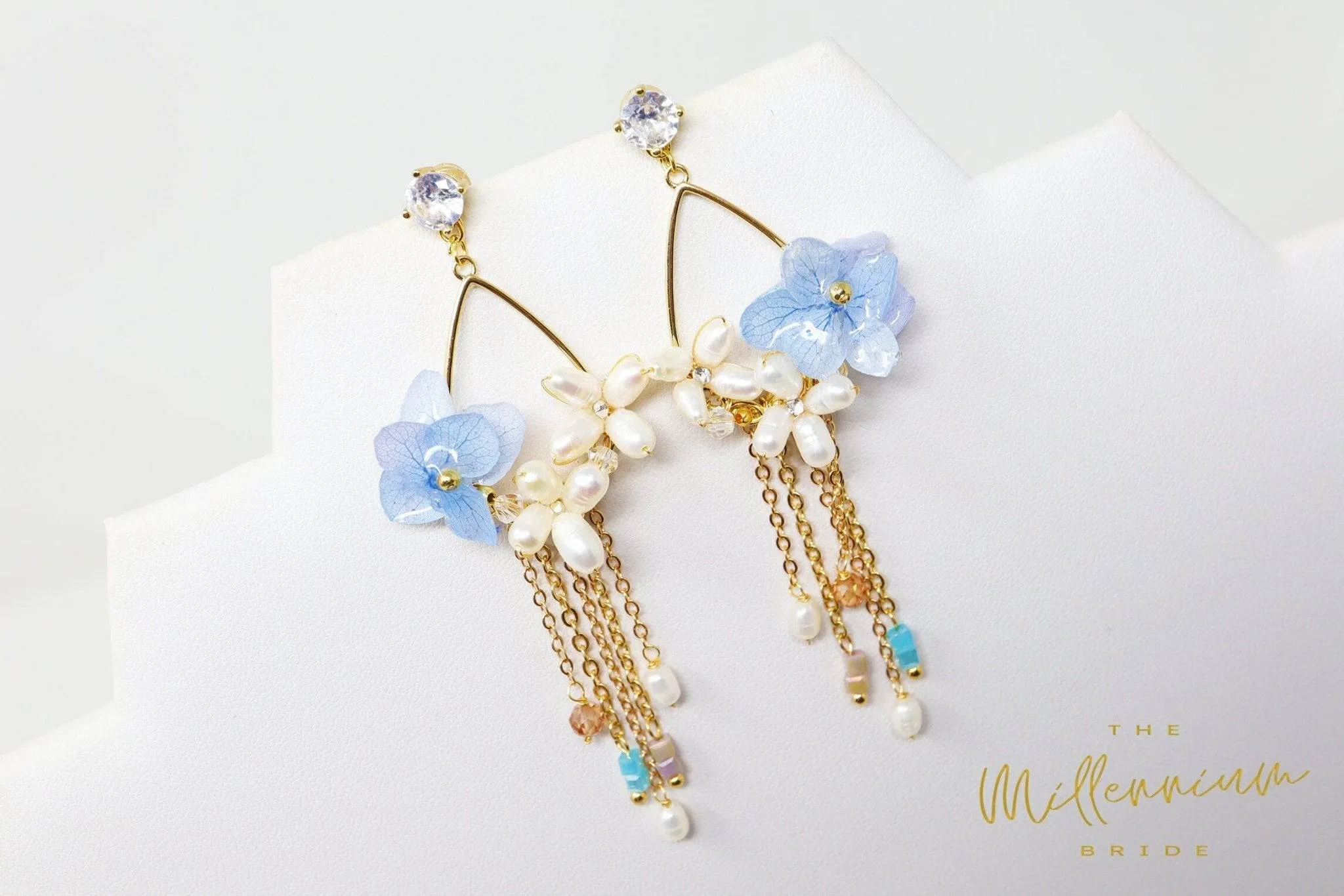 Real Immortal Blue White Flower Freshwater Pearls Crystal Earrings, Long Bridal Jewelry, Bridal Earrings  Statement Earrings Cz